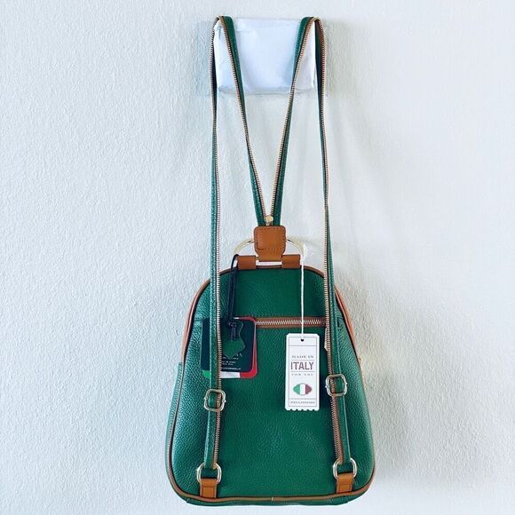 NWT Valentina Green Tan Italian Genuine Leather Convertible Sling Backpack Bag main image 8
